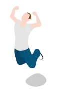 На фото піктограмка маленької людини, що радіє в сірій футболці і синіх штанях, вона в стрибку вгору