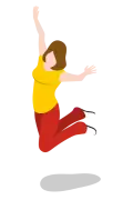 На фото піктограма жінки у стрибку вгору, вона радісно підняла руки вгору, у жовтій футболці та червоних штанях.