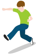 На фото піктограма маленького хлопчика, що крокує вперед, у зеленій футболці та синіх штанях.